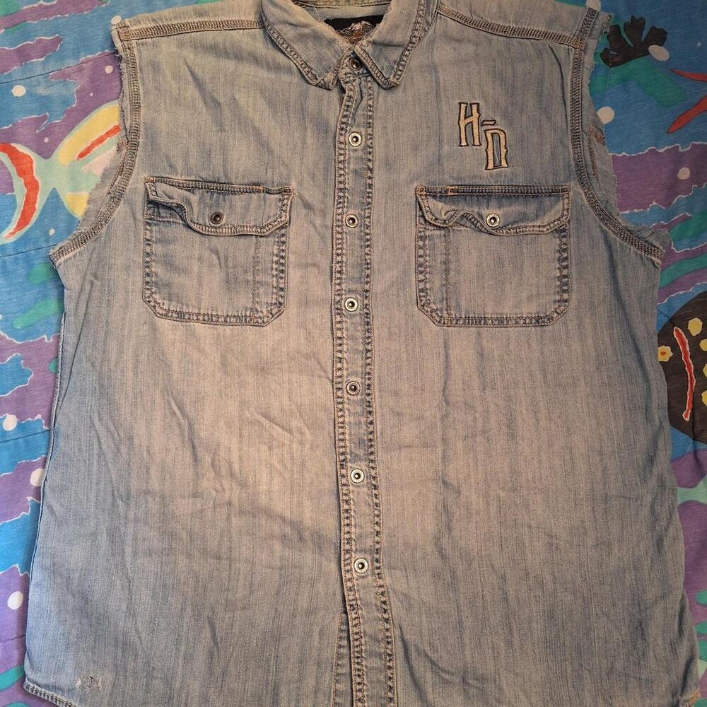 Harley Davidson Light Blue Denim Button-Up Cutoff Sleeveless Men's Large